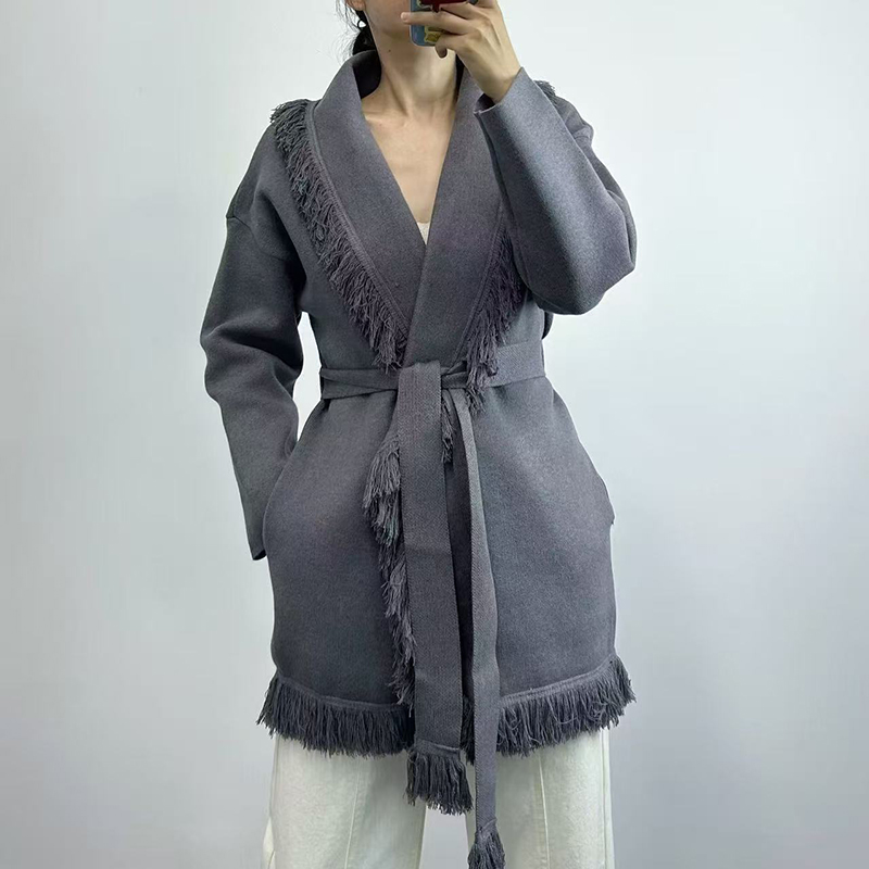 Office High Tech - Ladies fringed long wool knit cardigan,