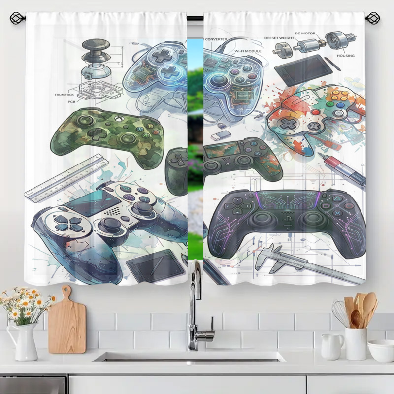 Office Tech Decor - Blueprint Game Controller Schematic Curtain Panel